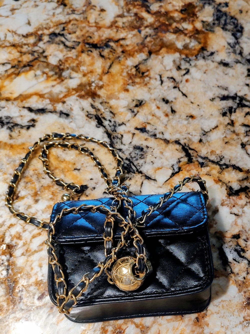 Black Quilted Chain Crossbody Bag with Gold Accent